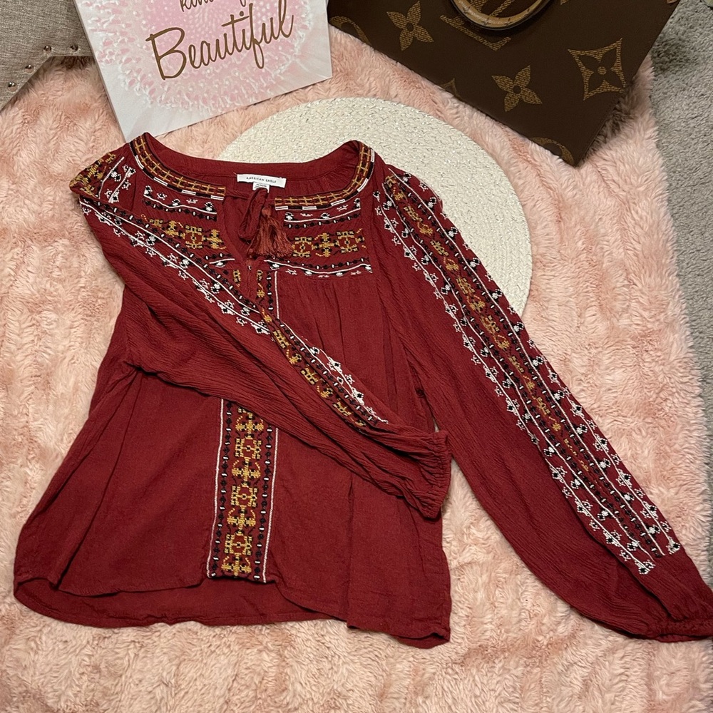 American Eagle Red Embroidered Peasant Top